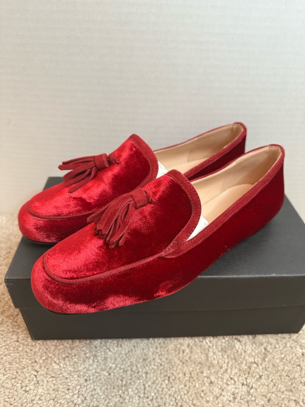 J. Crew Deep Red Velvet Tassel Loafers, size 8.5, New in Box